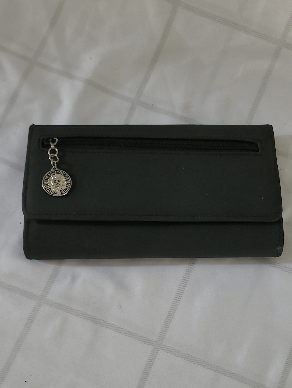 Womens Classic Black Wallet with Front Zip and Zodiac Charm